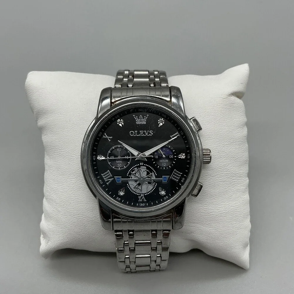 OLEVS Chronograph Mens Watch 42mm Black Dial Moon Phase New Battery 8.75